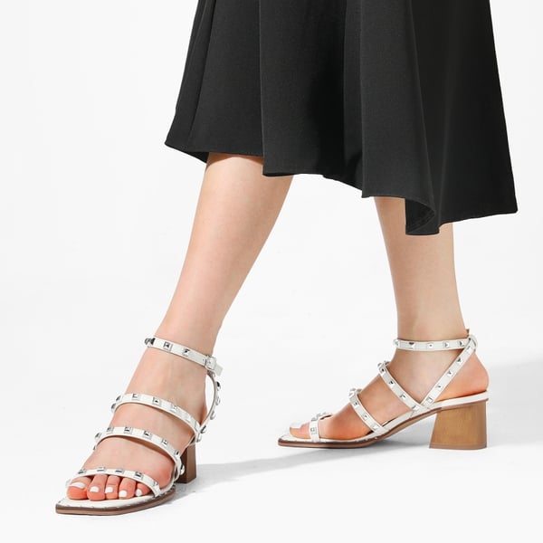 Clear Rhinestone Strappy Chunky Heels - WHITE PU RIVET - 1